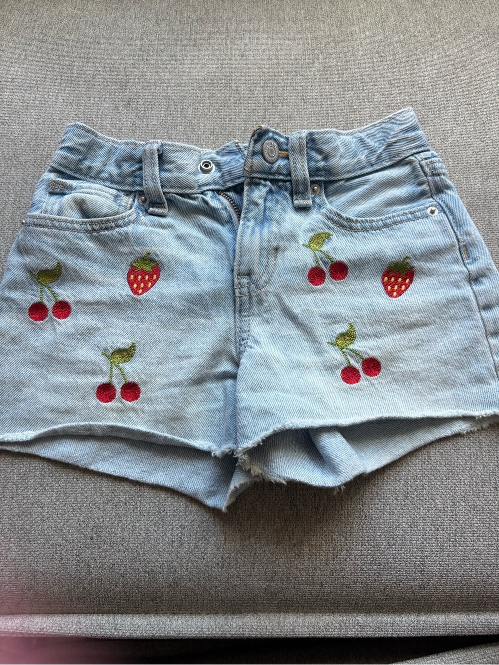 Light Blue Denim Women's Shorts with Cherry & Strawberry Embroidery